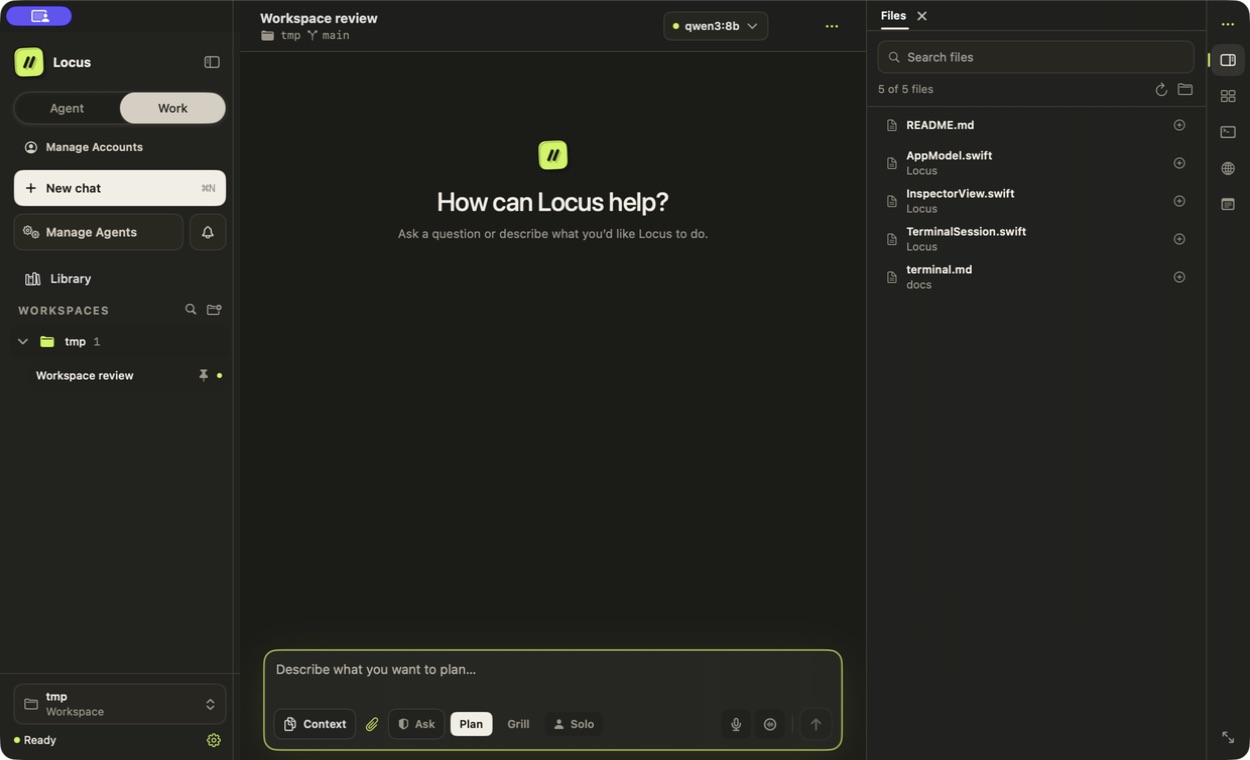 Locus workspace with the conversation, model selector, and Files panel