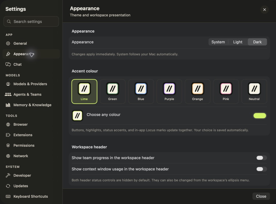 Locus Settings showing appearance and the settings navigation