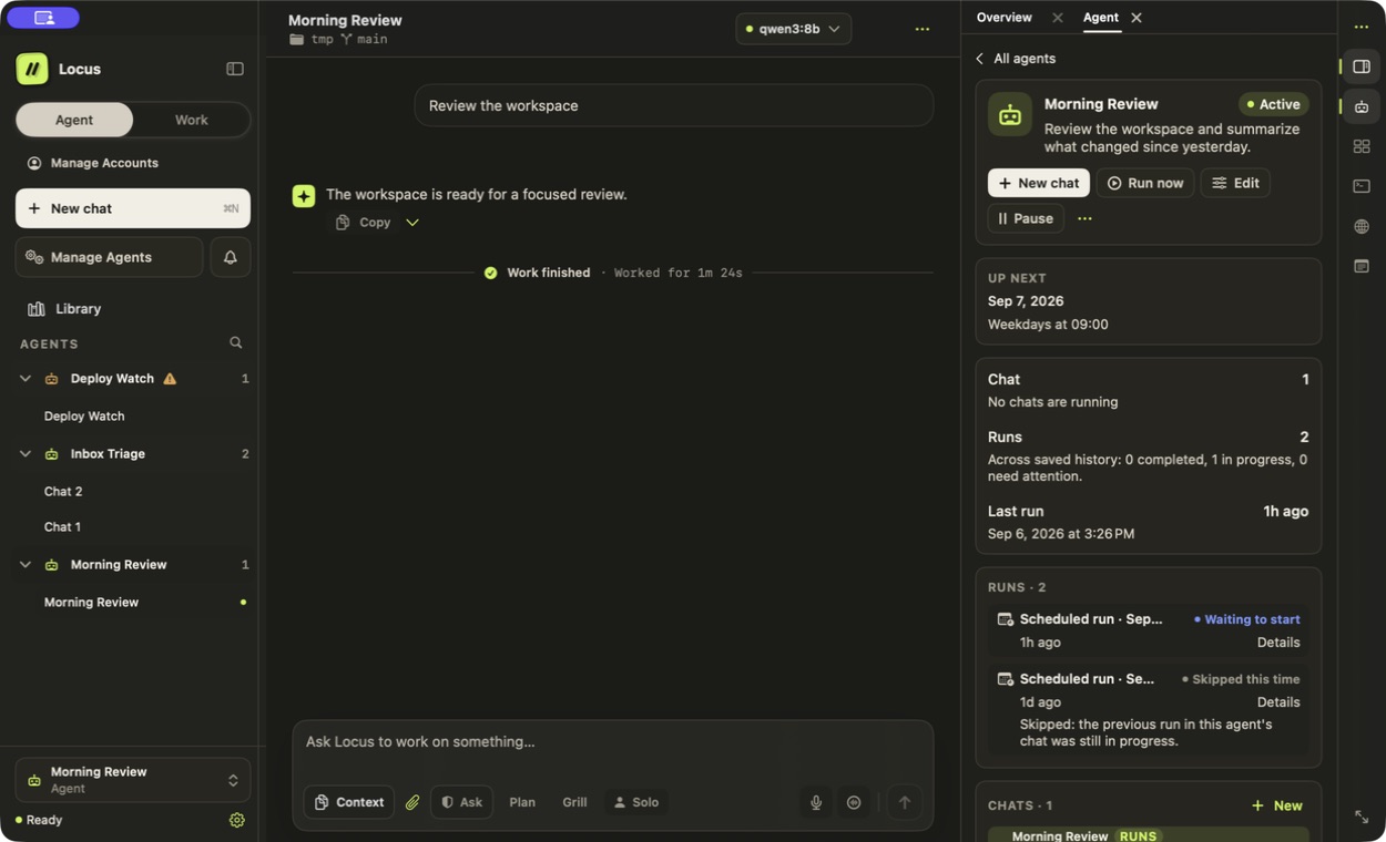 Scheduled Agent with instructions, controls, next occurrence, and run records