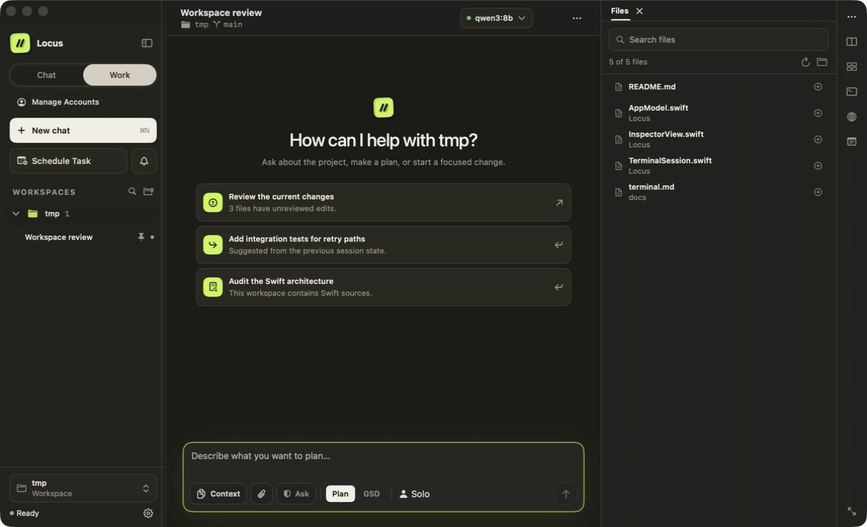 A Locus workspace with the workspace list, model route, composer modes, and Files inspector visible