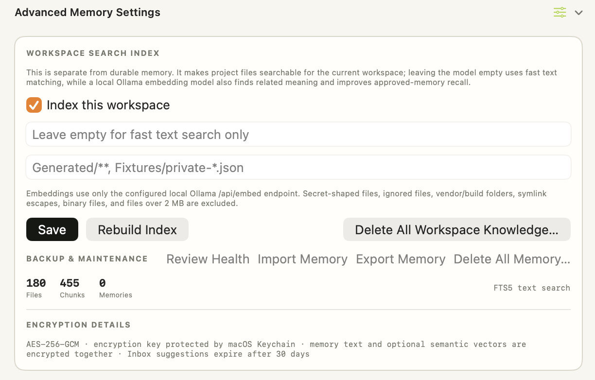 Advanced Memory Settings with FTS5 text search enabled
